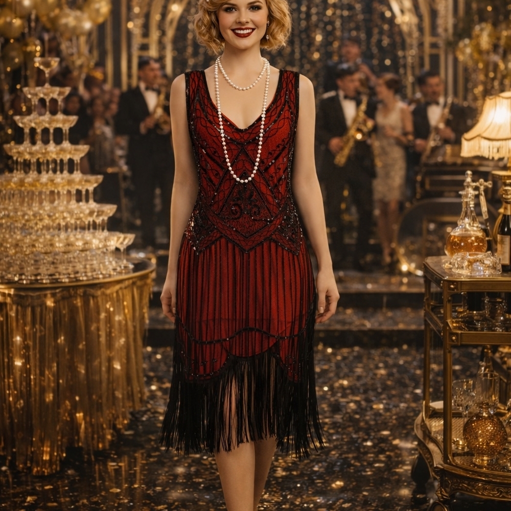 Red and Black Beaded Flapper Dress